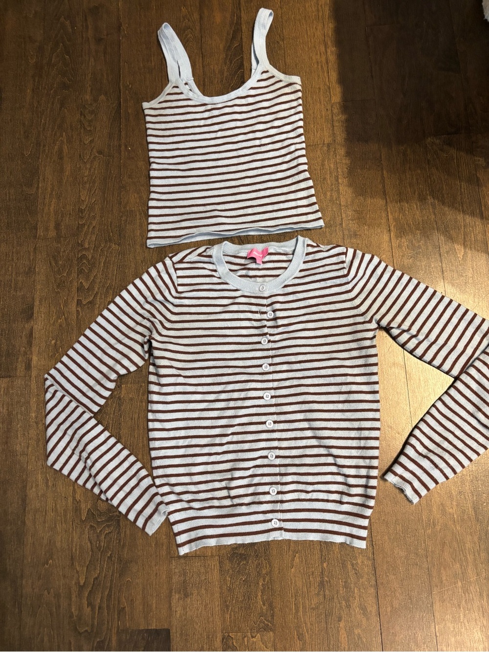 Edikted Sweatwr set- Striped Brown & light blue cardigan and Tank